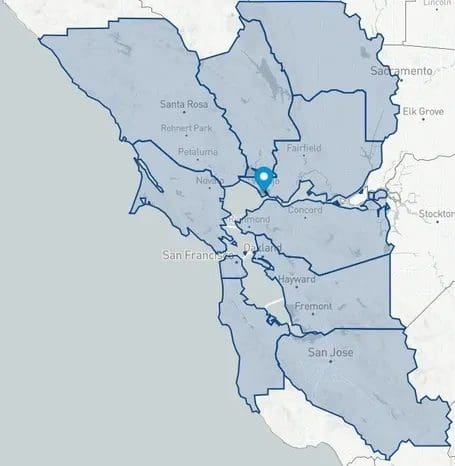 A map of the bay area with blue areas.