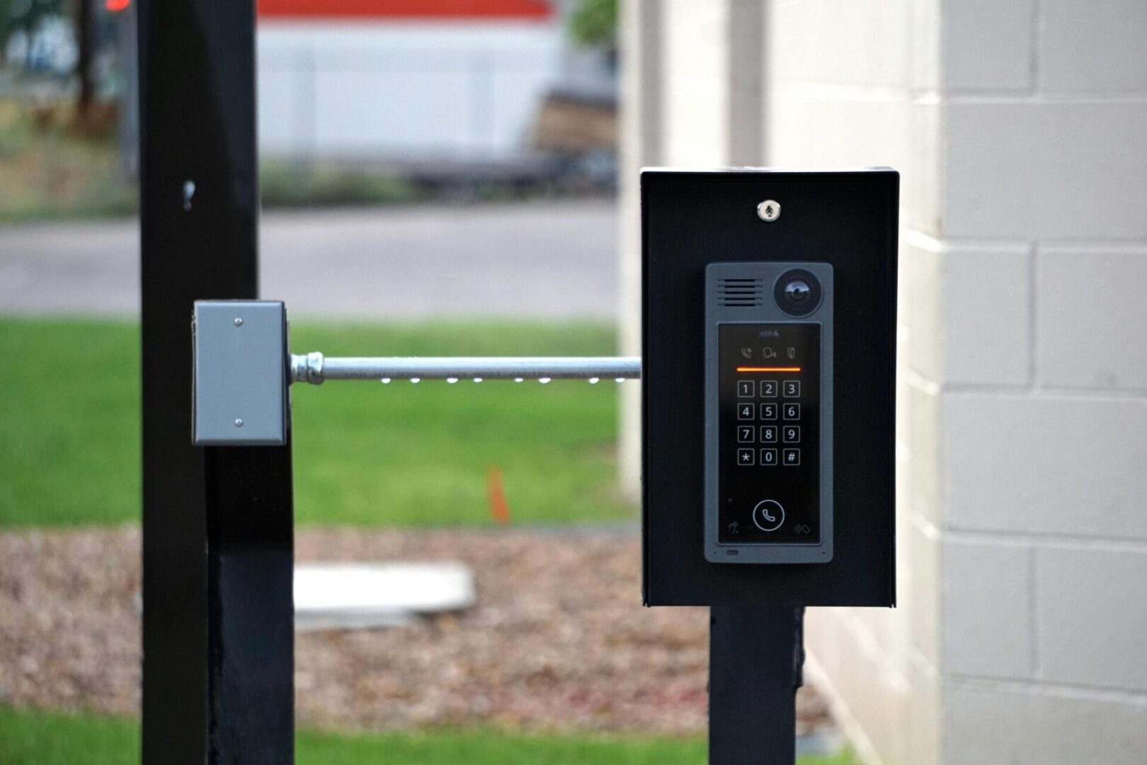 A close up of the electronic device on a gate